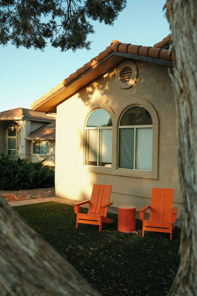 Front patio seating area of a Tucson home in evening light